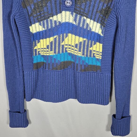 DKNY Jeans Sweater Womens L Blue Wool Blend Hooded Henley Geometric Knit Y2K VTG - Picture 3 of 9